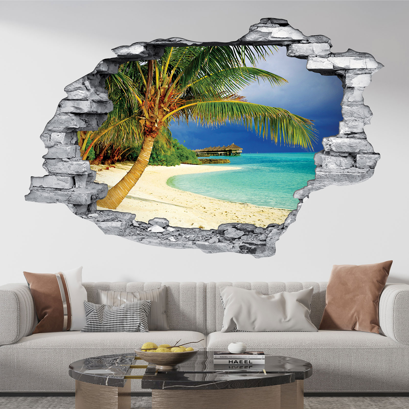 Stickers Trompe L Oeil Trou Dans Le Mur Plage Palmiers Des Prix