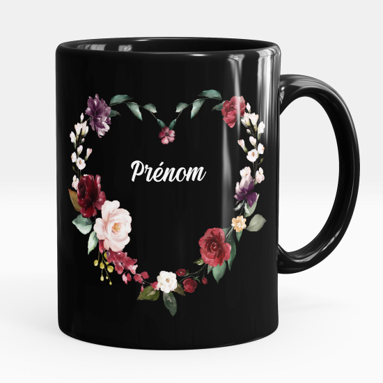 Mug - Tasse personnalisée Noir intégral - Fleurs coeur