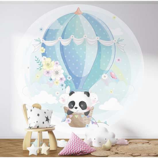 Papier peint rond / cercle Enfants - Panda Montgolfière