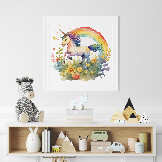 Poster / Affiche carrée Enfants - Licorne Arc-en-ciel fleurs