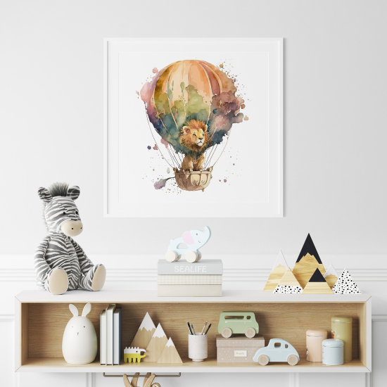 Poster / Affiche carrée Enfants - Lion montgolfière