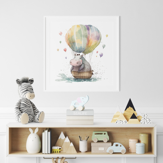 Poster / Affiche carrée Enfants - Montgolfière Hippopotame