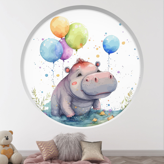 Stickers Trompe l'œil Arche ronde Enfants - Hippopotame ballons